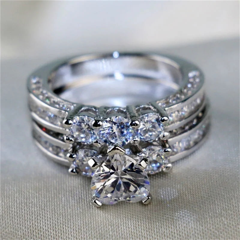 Trendy Rings Women's Heart White Crystal Rhinestones Rings Set Men's CZ Stainless Steel Ring Wedding Engagement Jewelry
