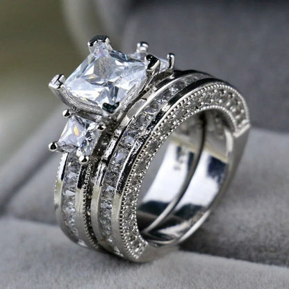 Couple Rings Men's CZ Stainless Steel Ring Women Square Cut Crystal Rhinestones Rings Set Wedding Engagement Jewelry