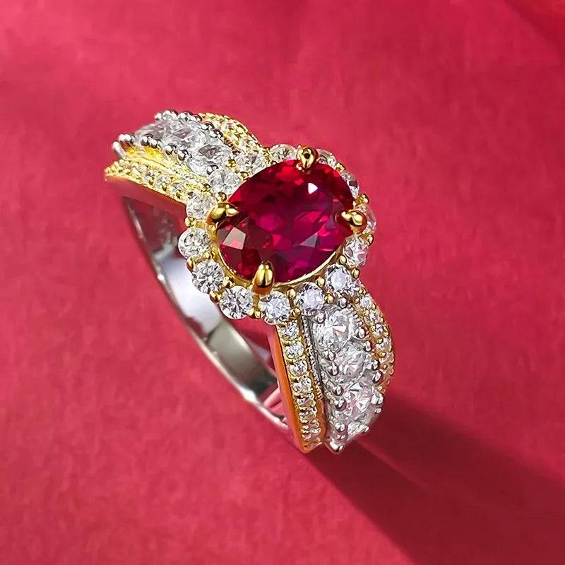 6x8MM Ruby Full Diamond Ring S925 Pure Silver Jewelry Wedding Engagement Party Anniversary Birthday Gift