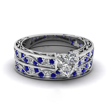 Couple Rings Romantic Women Heart Zircon Stone Rings Set Men's Blue Stainless Steel Ring Wedding Party Jewelry Gifts