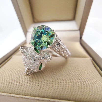 2CT Green Moissanite Leopard Ring with Certificate 100% - S925 Sterling Silver Women's Jewelry Anniversary Gift