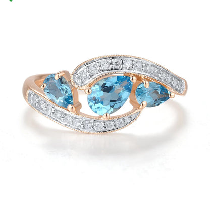 Genuine 14K 585 Rose Gold Ring For Women Sparkling Diamond Blue Topaz Engagement Wedding Delicated Grand Fine Jewelry