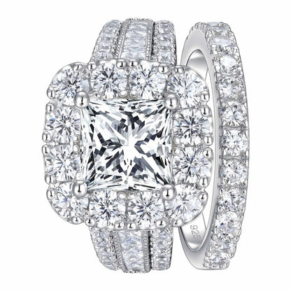 Newshe 2Pcs 925 Silver Wedding Rings Set for Women Halo Princess Cut White Cubic Zircon Vintage Luxury Jewelry Engagement Ring