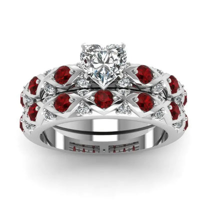 Fashion Couple Rings Women Heart White Crystal CZ Rings Set Men's Red Wood Inlay Stainless Steel Ring Wedding Band Jewelry Gifts