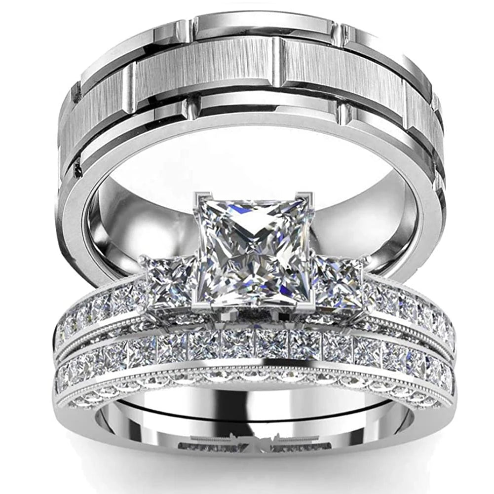 Rings Women Exquisite Rhinestones Zirconia Rings Set Simple Stainless Steel Men Ring Fashion Jewelry For Lover Gifts