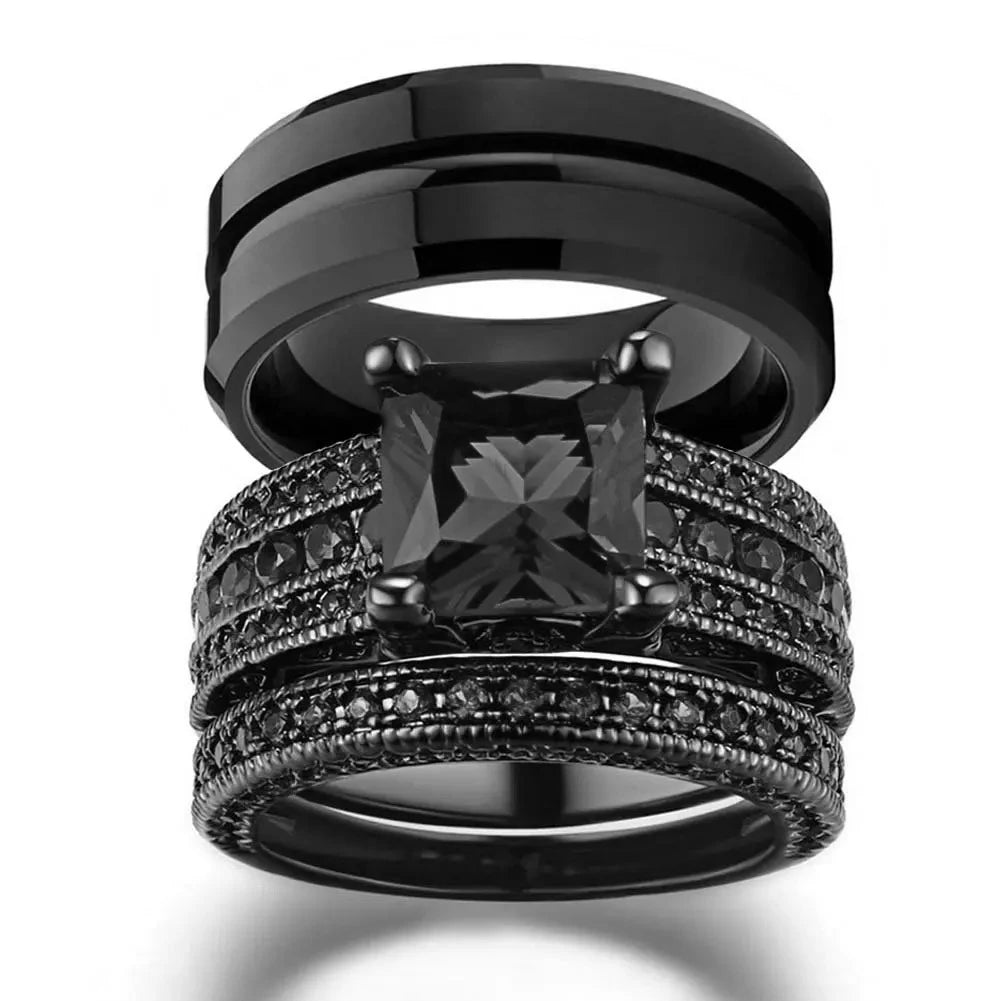 Couple Rings Romantic Women Black Rhinestones CZ Rings Set Trendy Men Stainless Steel Ring Wedding Band Jewelry Gifts
