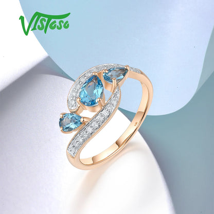 Genuine 14K 585 Rose Gold Ring For Women Sparkling Diamond Blue Topaz Engagement Wedding Delicated Grand Fine Jewelry