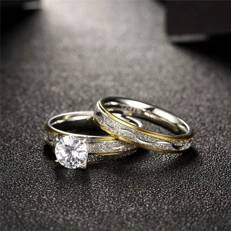 Rings Exquisite Women Rhinestones Zirconia Rings Set Simple Men Stainless Steel Ring Wedding  Jewelry Gifts For Lover