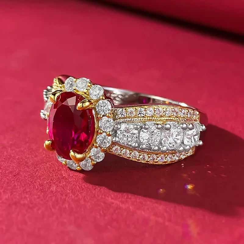 6x8MM Ruby Full Diamond Ring S925 Pure Silver Jewelry Wedding Engagement Party Anniversary Birthday Gift