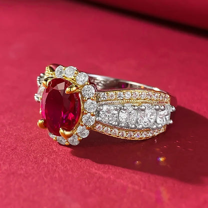 6x8MM Ruby Full Diamond Ring S925 Pure Silver Jewelry Wedding Engagement Party Anniversary Birthday Gift