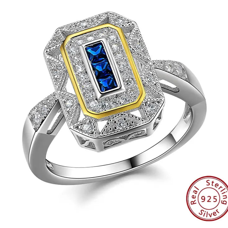 Vintage Engagement Wedding Rings for Women Real 925 Sterling Silver White & Gold Color Blue AAAAA Zircon Cocktail Ring