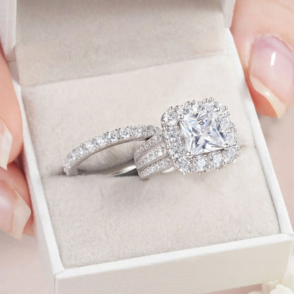 Newshe 2Pcs 925 Silver Wedding Rings Set for Women Halo Princess Cut White Cubic Zircon Vintage Luxury Jewelry Engagement Ring