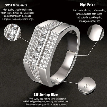 Full Moissanite Wedding Band for Men 925 Sterling Silver Engagement Rings Pave Brilliant Round Eternity Promise Ring