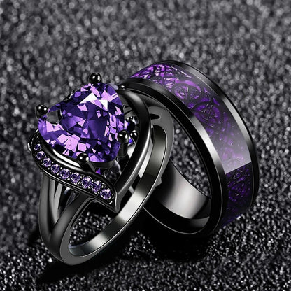 Couple Rings Romantic Women Heart Purple Rhinestones Zircon Ring Men Stainless Steel Celtic Dragon Ring Wedding Jewelry