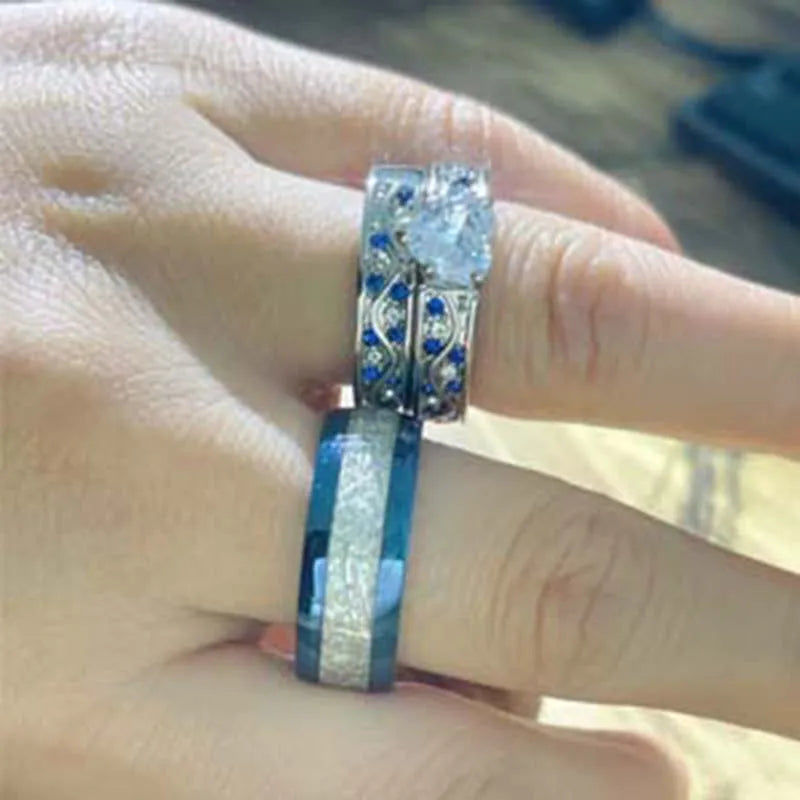 Couple Rings Romantic Women Heart Zircon Stone Rings Set Men's Blue Stainless Steel Ring Wedding Party Jewelry Gifts