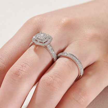 2Pcs Wedding Rings for Women Solid 925 Sterling Silver Engagement Ring Bridal Set 1.6Ct Halo Round Cut AAAAA Zircon