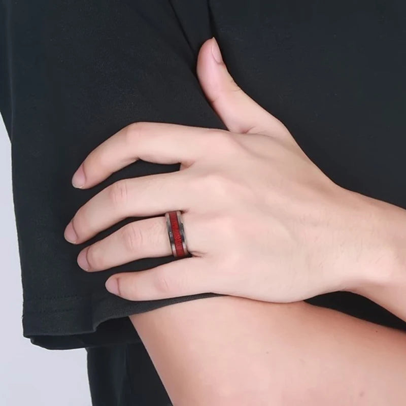 Fashion Couple Rings Women Heart White Crystal CZ Rings Set Men's Red Wood Inlay Stainless Steel Ring Wedding Band Jewelry Gifts