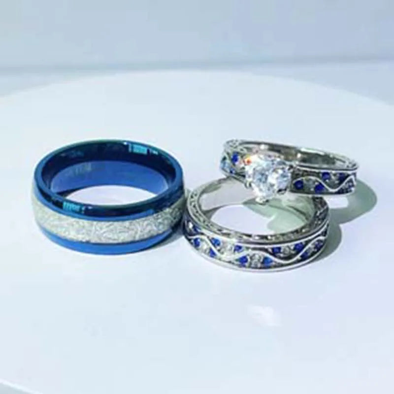 Couple Rings Romantic Women Heart Zircon Stone Rings Set Men's Blue Stainless Steel Ring Wedding Party Jewelry Gifts