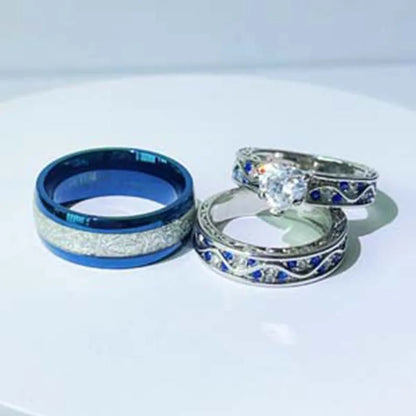 Couple Rings Romantic Women Heart Zircon Stone Rings Set Men's Blue Stainless Steel Ring Wedding Party Jewelry Gifts