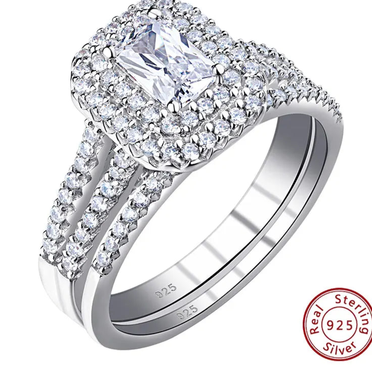 Solid 925 Silver Wedding Jewelry Double Halo Radiant Cut Engagement Bridal Rings for Women White AAAAA Cubic Zirconia