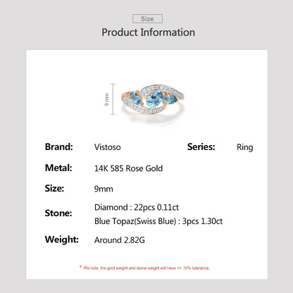 Genuine 14K 585 Rose Gold Ring For Women Sparkling Diamond Blue Topaz Engagement Wedding Delicated Grand Fine Jewelry