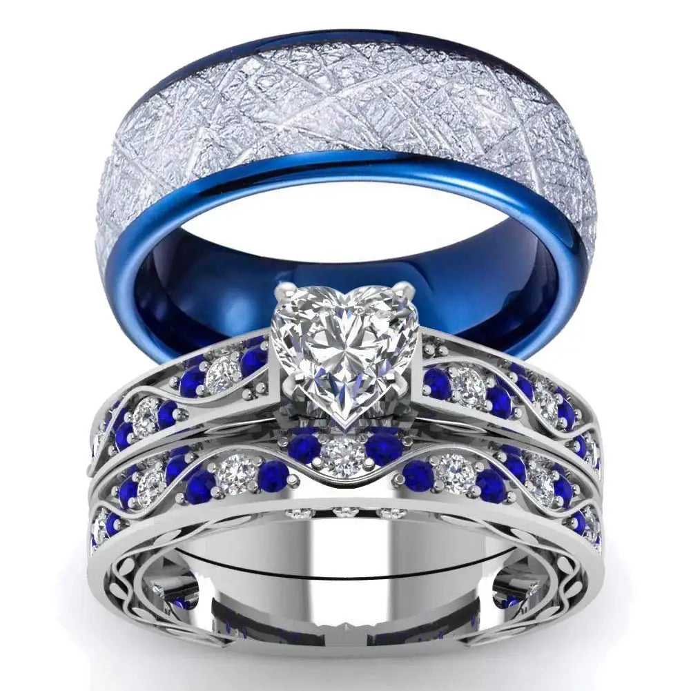 Couple Rings Romantic Women Heart Zircon Stone Rings Set Men's Blue Stainless Steel Ring Wedding Party Jewelry Gifts