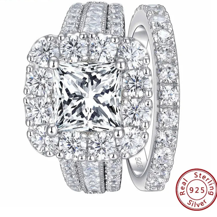 Newshe 2Pcs 925 Silver Wedding Rings Set for Women Halo Princess Cut White Cubic Zircon Vintage Luxury Jewelry Engagement Ring