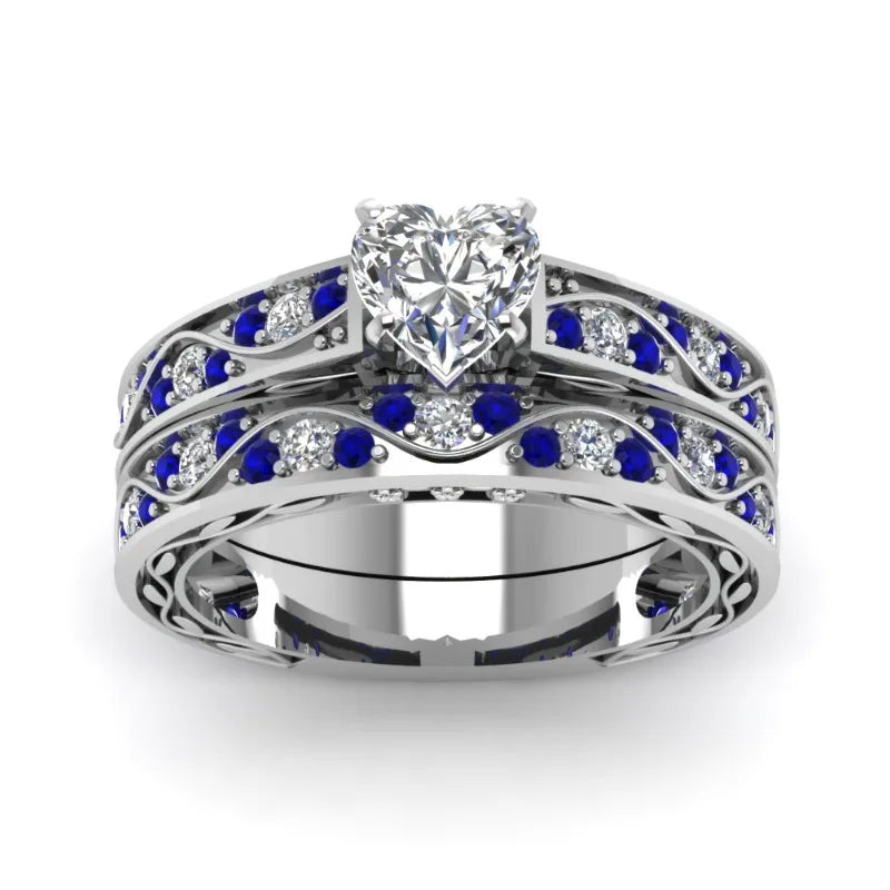 Couple Rings Romantic Women Heart Zircon Stone Rings Set Men's Blue Stainless Steel Ring Wedding Party Jewelry Gifts