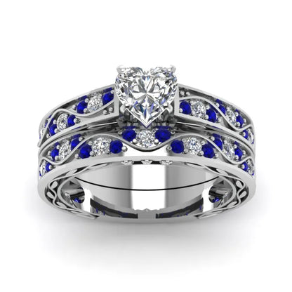 Couple Rings Romantic Women Heart Zircon Stone Rings Set Men's Blue Stainless Steel Ring Wedding Party Jewelry Gifts