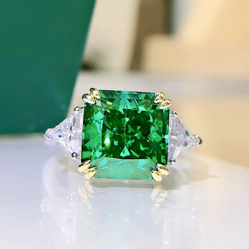 Square Emerald Diamond Ring 100%-S925 Silver Jewelry Wedding Cocktail Party Woman Gift