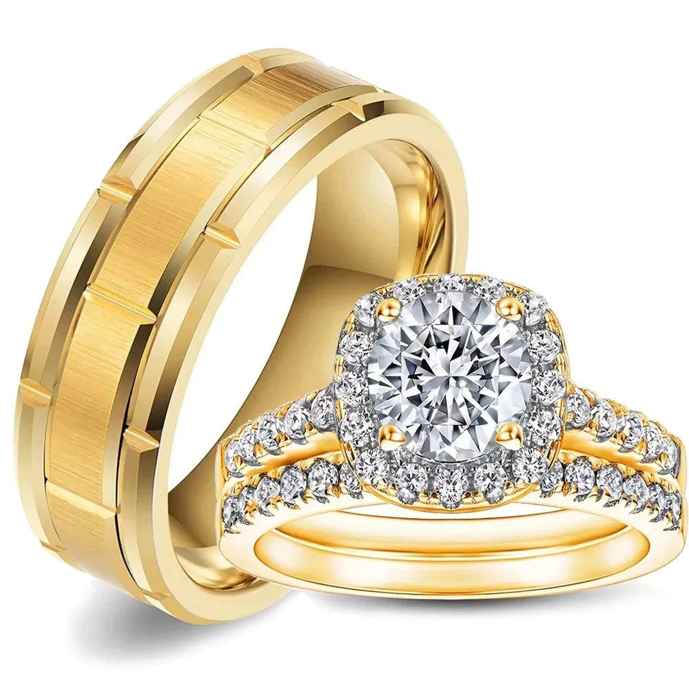 Couple Rings Luxury Gold Color Women Rhinestones Zircon Rings Set Men Stainless Steel Ring Wedding Jewelry Gifts