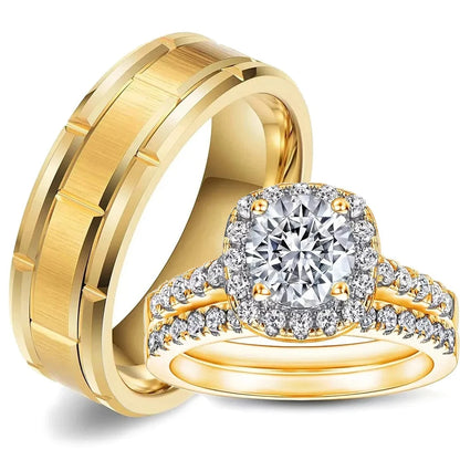 Couple Rings Luxury Gold Color Women Rhinestones Zircon Rings Set Men Stainless Steel Ring Wedding Jewelry Gifts