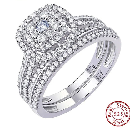 2Pcs Wedding Rings for Women Solid 925 Sterling Silver Engagement Ring Bridal Set 1.6Ct Halo Round Cut AAAAA Zircon