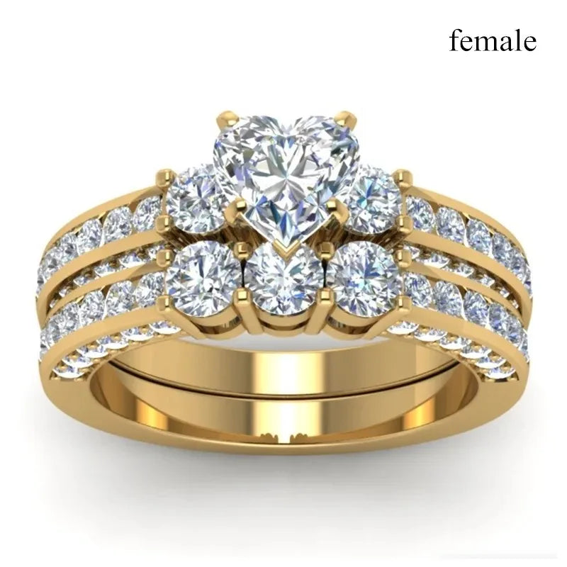 Fashion Couple Rings Luxury Gold Color Women Heart Zircon Wedding Rings Set Men Titanium Steel Ring Wedding Band Jewelry Gifts