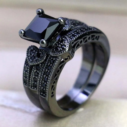 Trendy Couple Rings Women Black Heart Crystal CZ Rings Set Men's Two Rows Black CZ Stone Stainless Steel Ring Wedding Jewelry