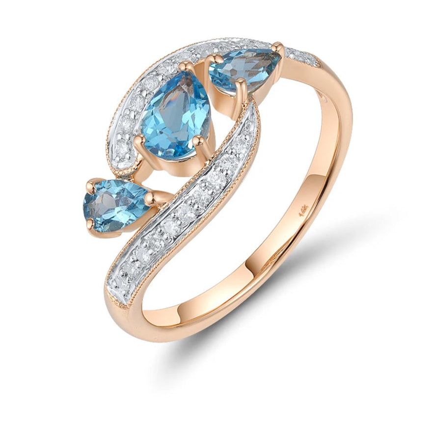 Genuine 14K 585 Rose Gold Ring For Women Sparkling Diamond Blue Topaz Engagement Wedding Delicated Grand Fine Jewelry