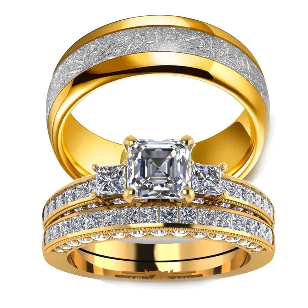 Couple Rings Vintage Stainless Steel Men Wedding Ring Elegant Square Cut Zircon Ring Set Bridal Engagement Jewelry Gifts