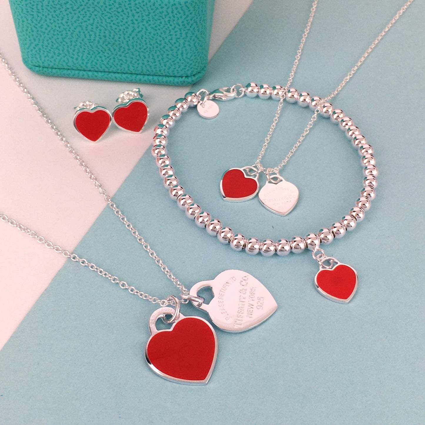 Set of Tiffany & Co Return to Tiffany Small Red Heart  Stud Earrings Silver  Necklace earrings Bracelet