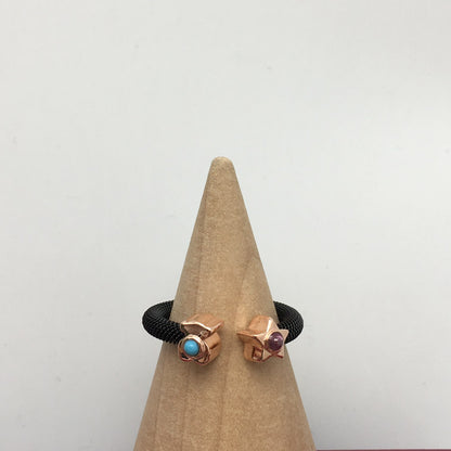 Steel TOUS Icon Mesh Ring with Pearl Bear motif and star motif with blue