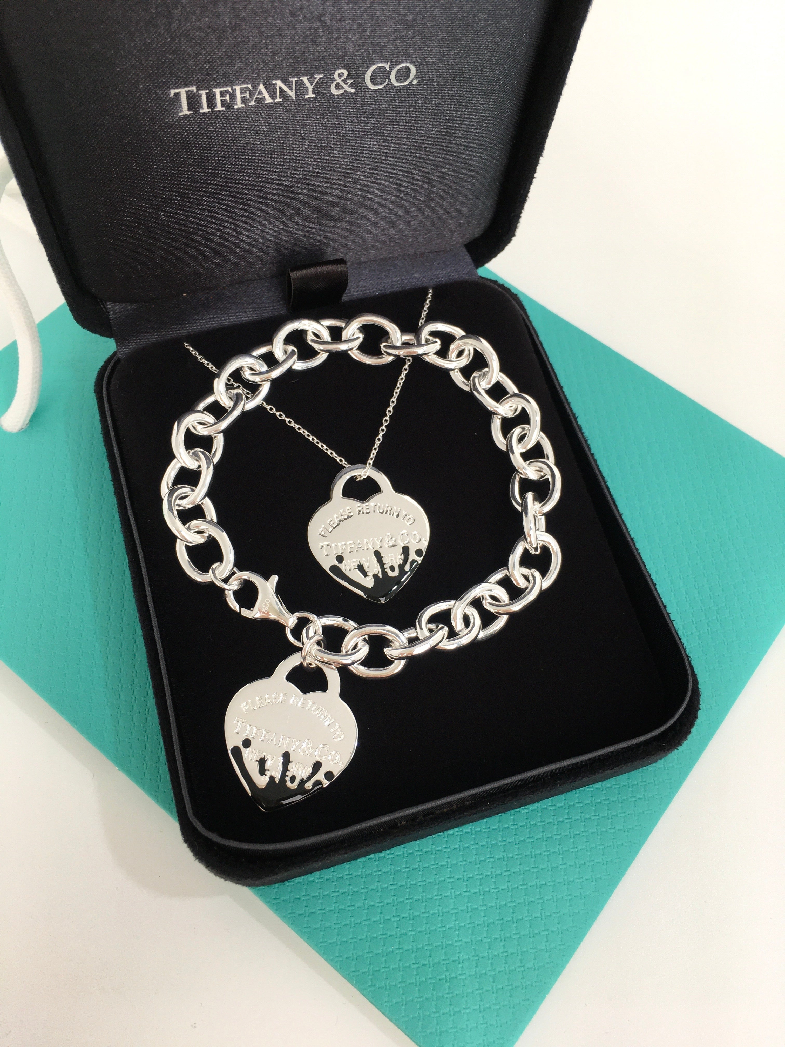 Return to Tiffany black Enamel Color Splash Heart Tag Charm Bracelet and necklace