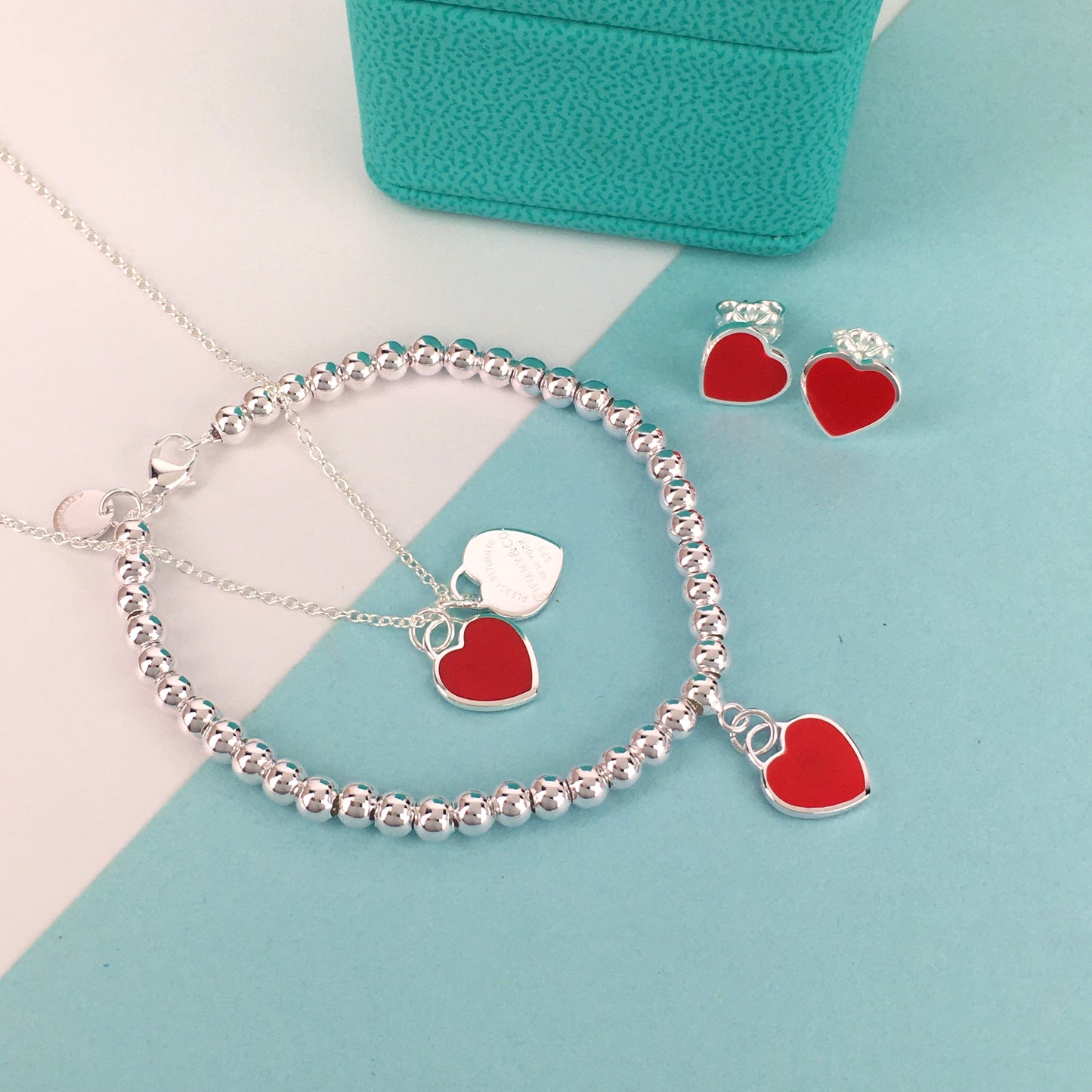Set of Tiffany & Co Return to Tiffany Small Red Heart  Stud Earrings Silver  Necklace earrings Bracelet