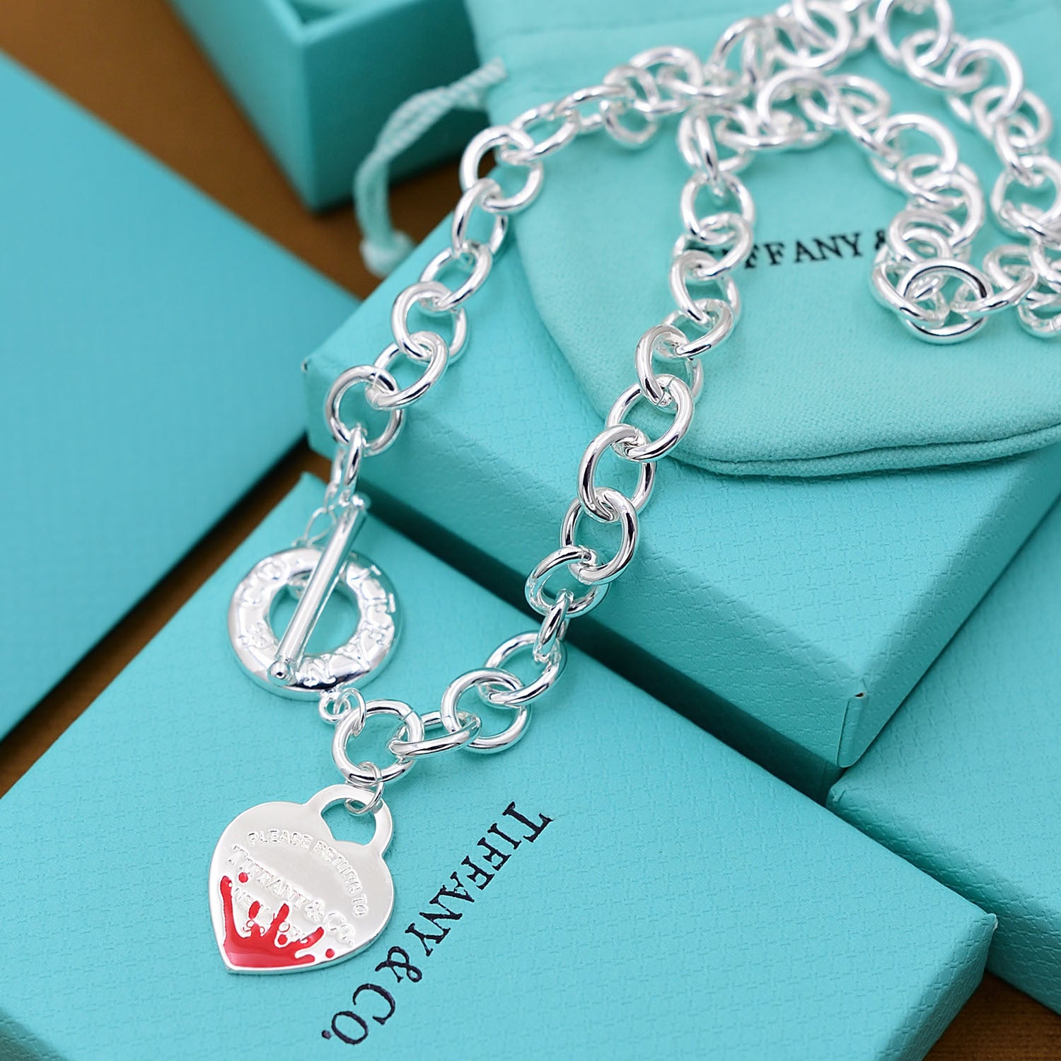 Return to Tiffany Heart  red Tag Charm Bracelet  in Sterling Silver