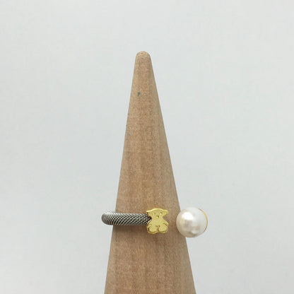 Steel and Gold Icon Mesh Ring with Pearl Bear motif