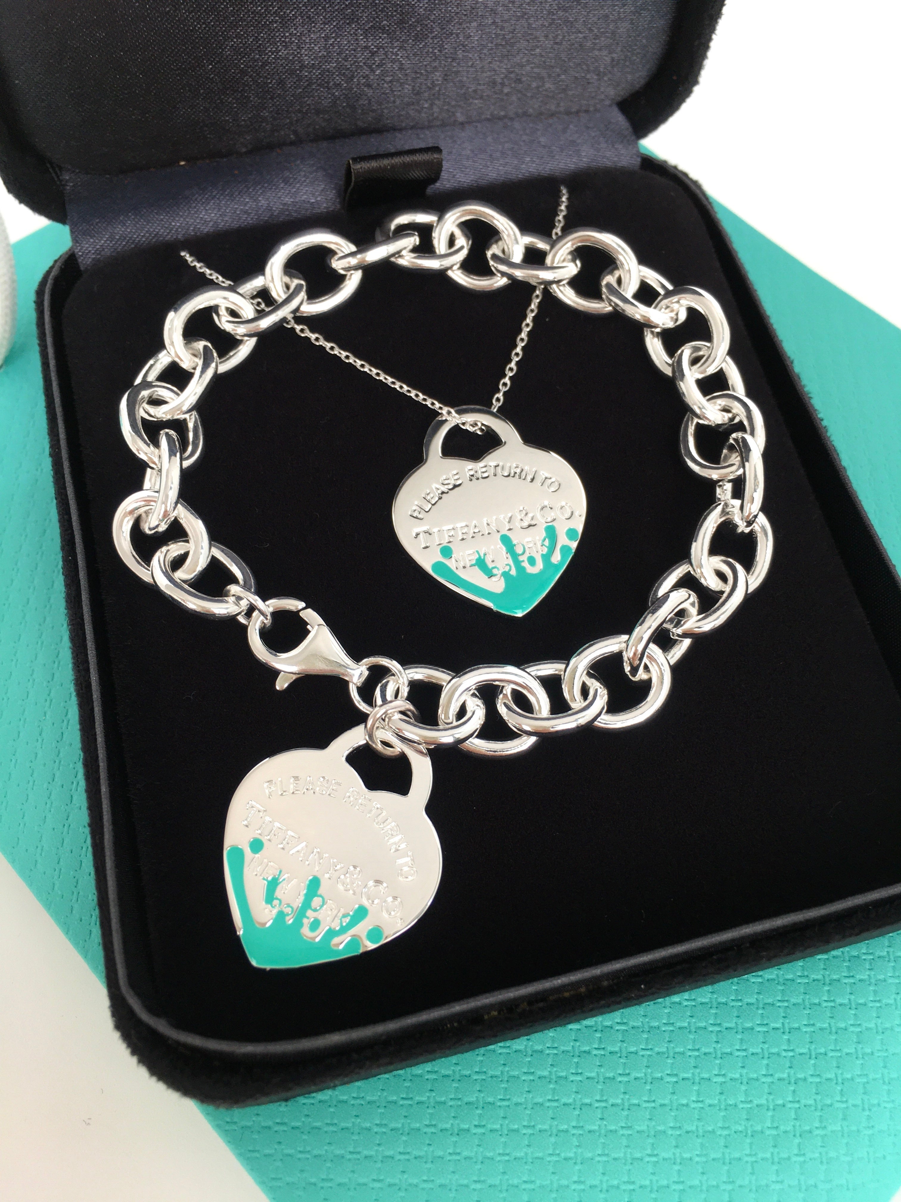 Return to Tiffany Blue Enamel Color Splash Heart Tag Charm Bracelet and necklace