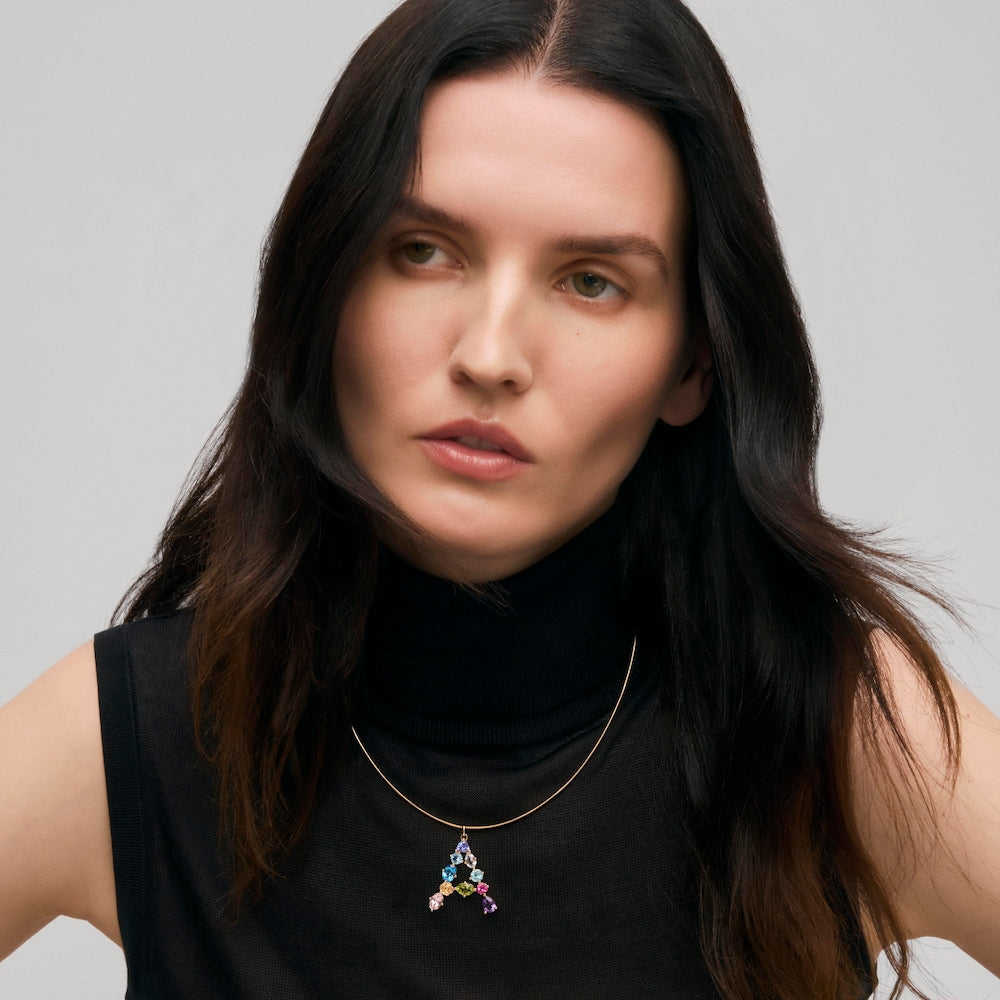 Gold letter A Pendant with gemstones  ATELIER
