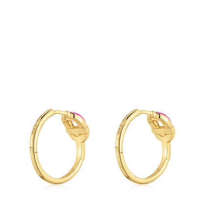 Short Hoop earrings with 18kt gold plating over silver and fuchsia-colored motif