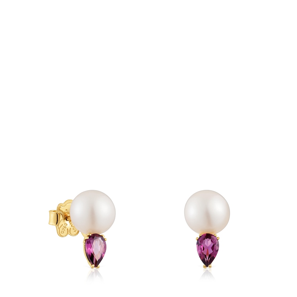 Gold Earrings with rhodolites and cultured pearl Ivette |
