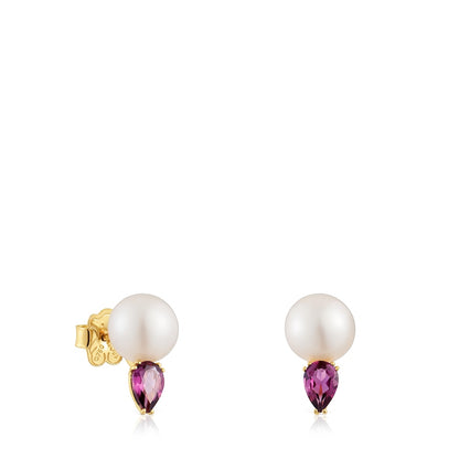 Gold Earrings with rhodolites and cultured pearl Ivette |