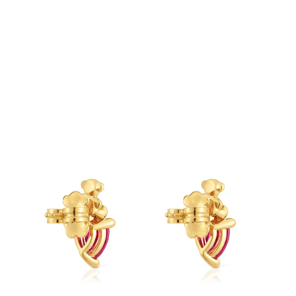 18 kt gold plating over silver bear motif Earrings with lab-grown ruby Bold Bear LGG |