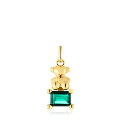 Small 18kt gold plating over silver bear motif Pendant with lab-grown green emerald Bold Bear LGG